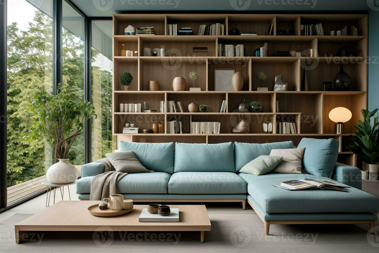 Modern living room interior with aqua sofa and bookshelf .Generative AI photo