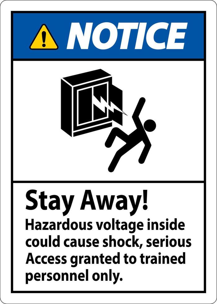 Notice Sign Stay Away Hazardous Voltage Inside Could Cause Shock, Access Granted Trained Personnel Only vector