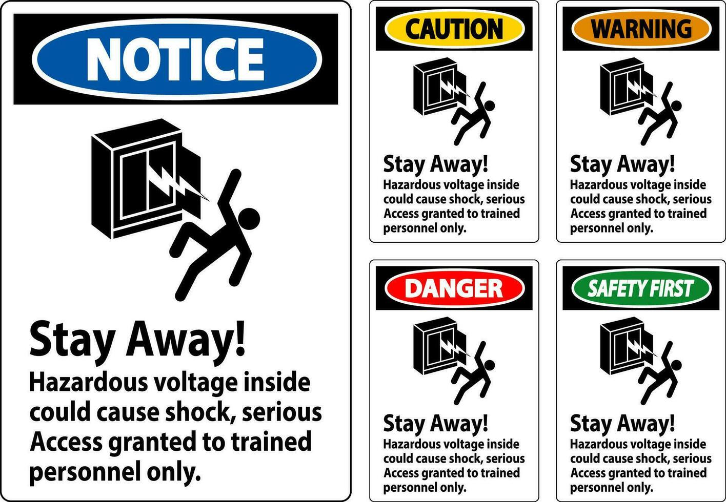 Warning Sign Stay Away Hazardous Voltage Inside Could Cause Shock, Access Granted Trained Personnel Only vector