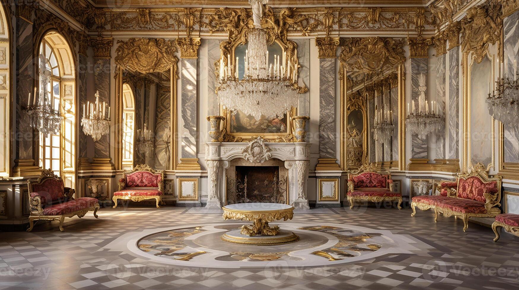 Photo of the room featuring the interior design of the Palace of Versaille, France. Generative AI