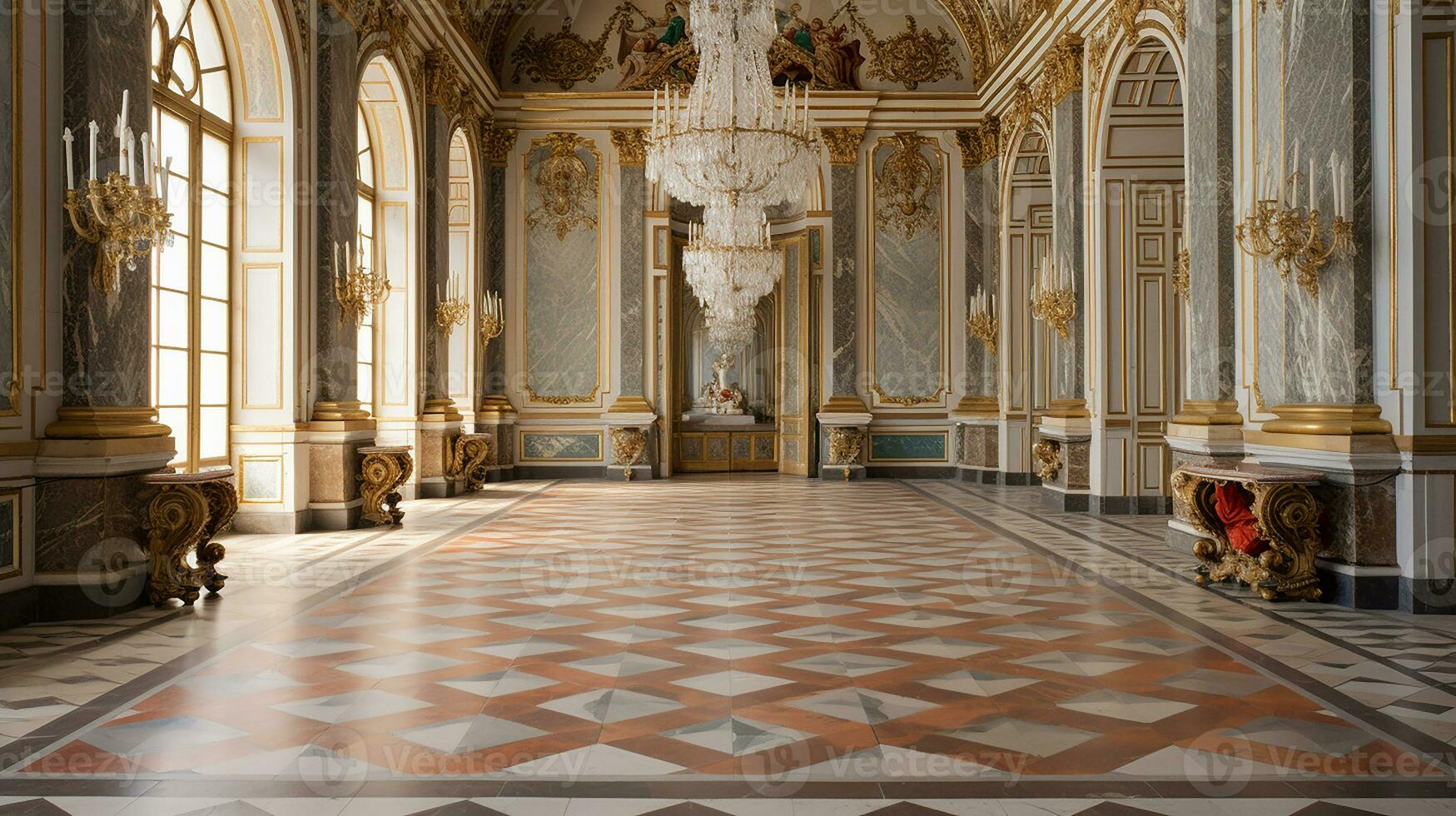 Photo of the room featuring the interior design of the Palace of Versaille, France. Generative AI