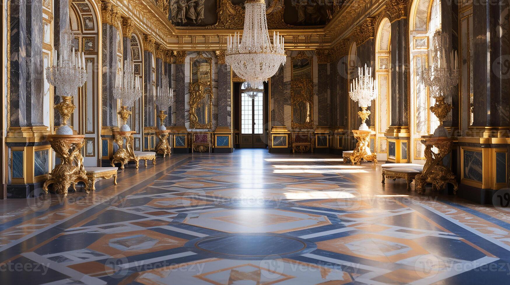 Photo of the room featuring the interior design of the Palace of Versaille, France. Generative AI