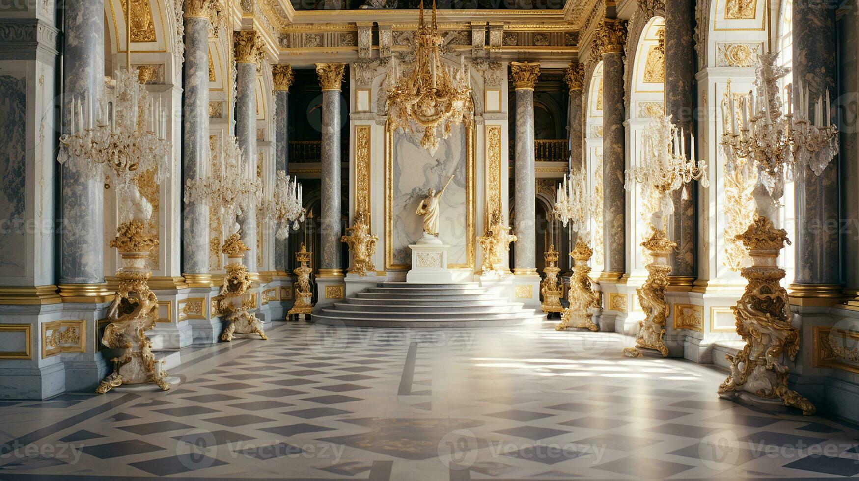 Photo of the room featuring the interior design of the Palace of Versaille, France. Generative AI