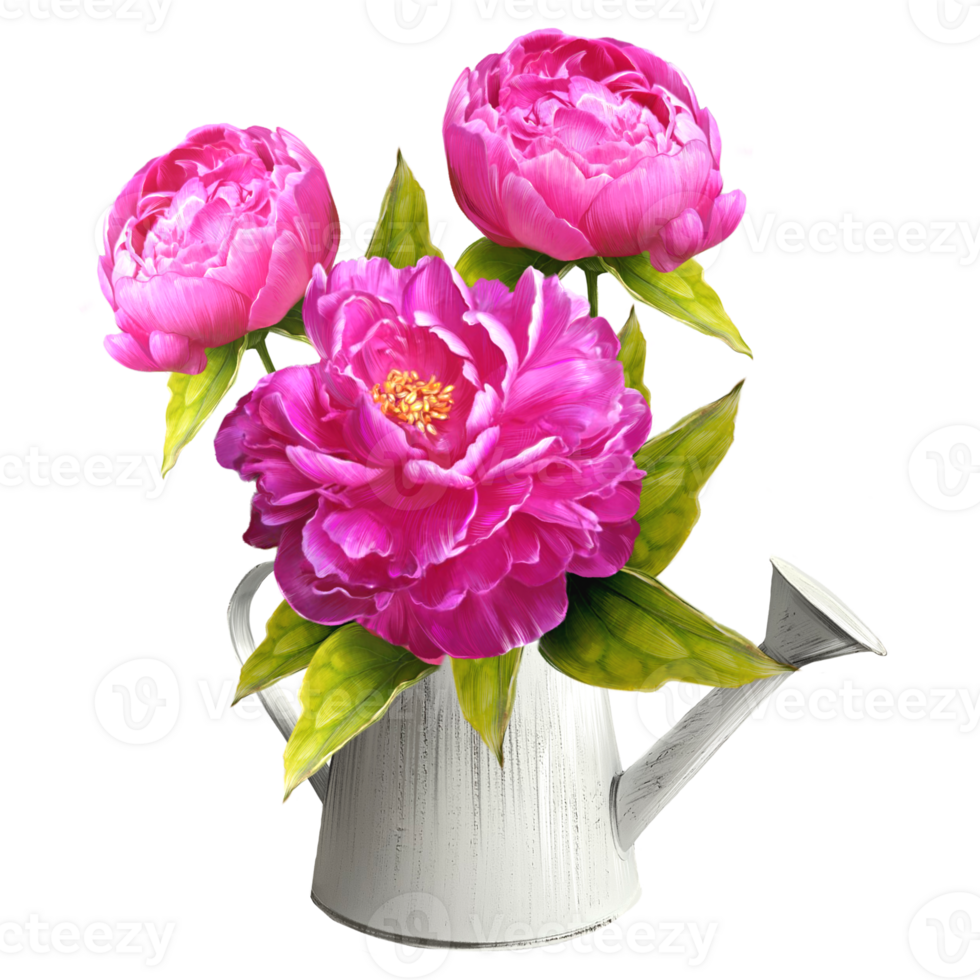 bouquet of peonies in a white watering can illustration png