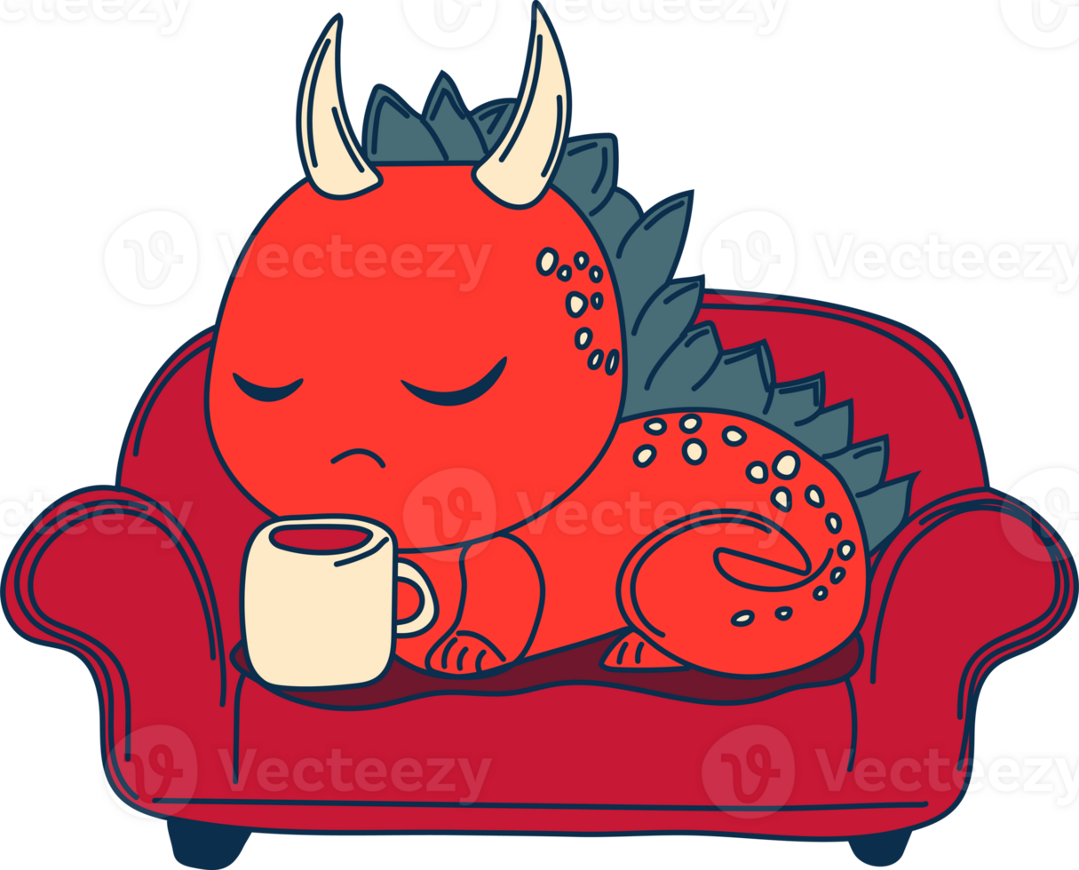 Stock Illustration isolated Emoji character cartoon dragon dinosaur lying on the sofa with a cup sticker emoticon png