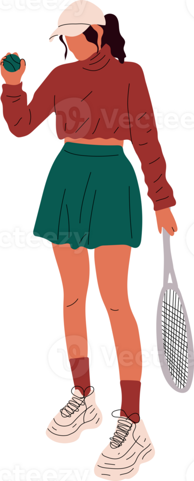Colorful sportswoman big tennis player. Professional sports female holding racket and hitting ball. Girl character in trendy sportswear png