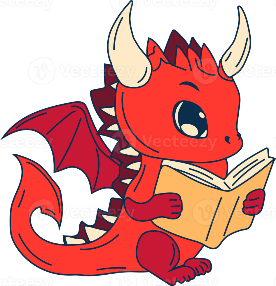 Stock Illustration isolated Emoji character cartoon dragon dinosaur reading a book sticker emoticon png