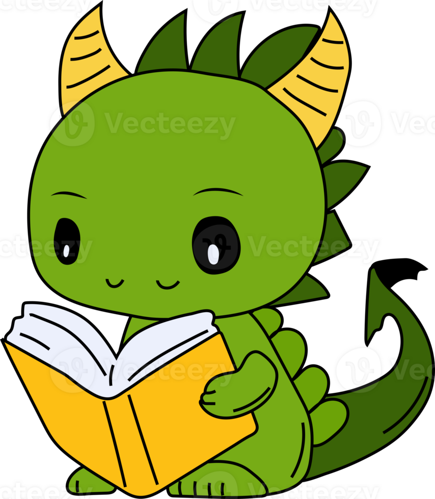 Stock Illustration isolated Emoji character cartoon green dragon dinosaur reading a book sticker emoticon png