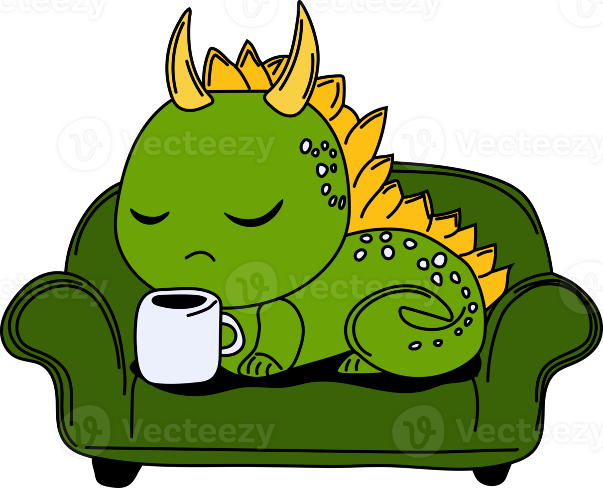 Stock Illustration isolated Emoji character cartoon green dragon dinosaur lying on the sofa with a cup sticker png