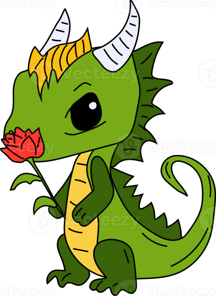 Stock Illustration isolated Emoji character cartoon green dragon dinosaur sniffs a flower with a cup sticker png