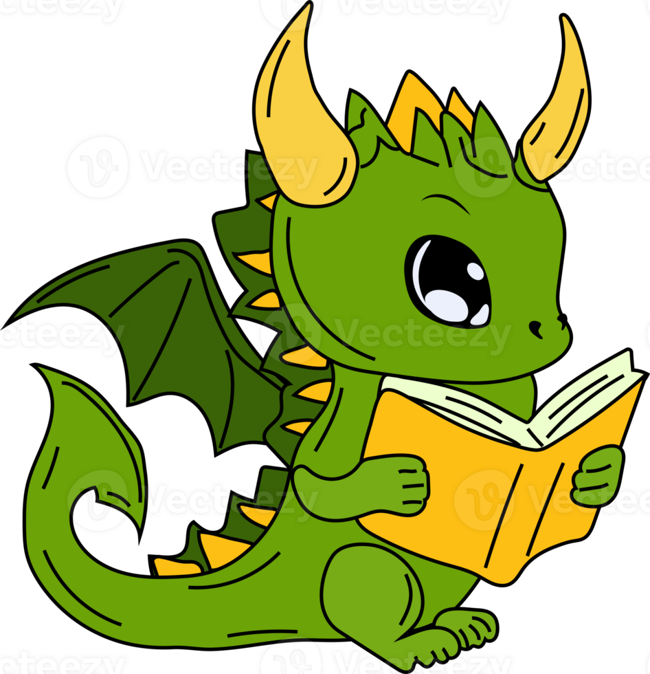 Stock Illustration isolated Emoji character cartoon green dragon dinosaur reading a book sticker emoticon png