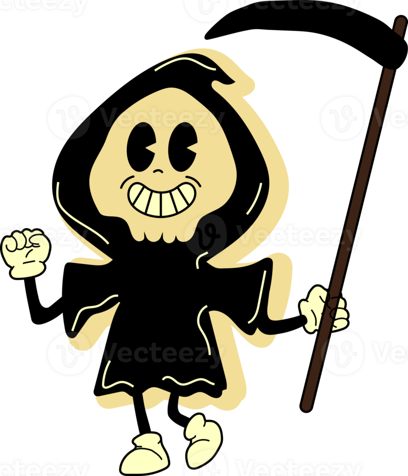 Death character 30s cartoon mascot character 40s, 50s, 60s old animation style. Cartoon cheerful halloween mascot png