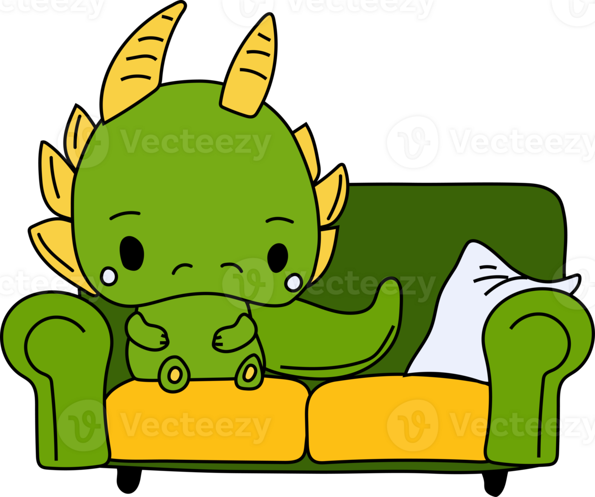 Stock Illustration isolated Emoji character cartoon green dragon dinosaur lying on the sofa sticker emoticon png