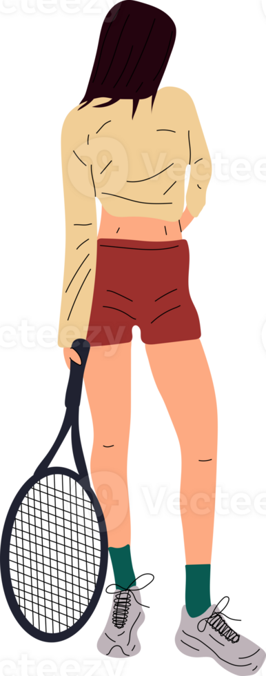 Colorful sportswoman big tennis player. Professional sports female holding racket and hitting ball. Girl character in trendy sportswear png