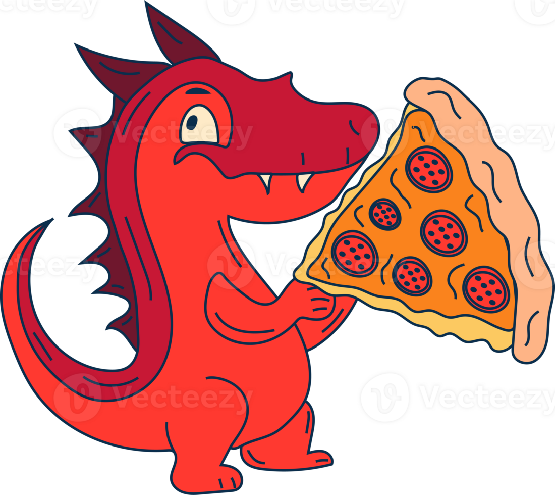 Stock Illustration isolated Emoji character cartoon dragon dinosaur eats a pizza sticker emoticon png