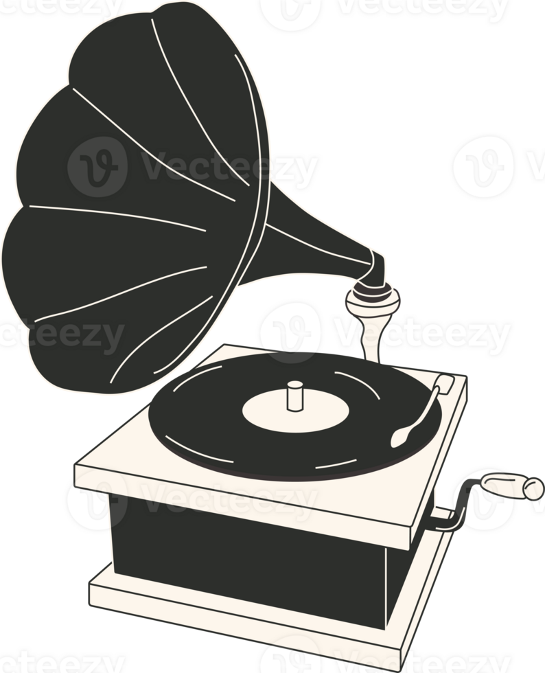 Black and white Cartoon Retro Gramophone record player drawing. Cute vector illustration of vintage music equipment. png