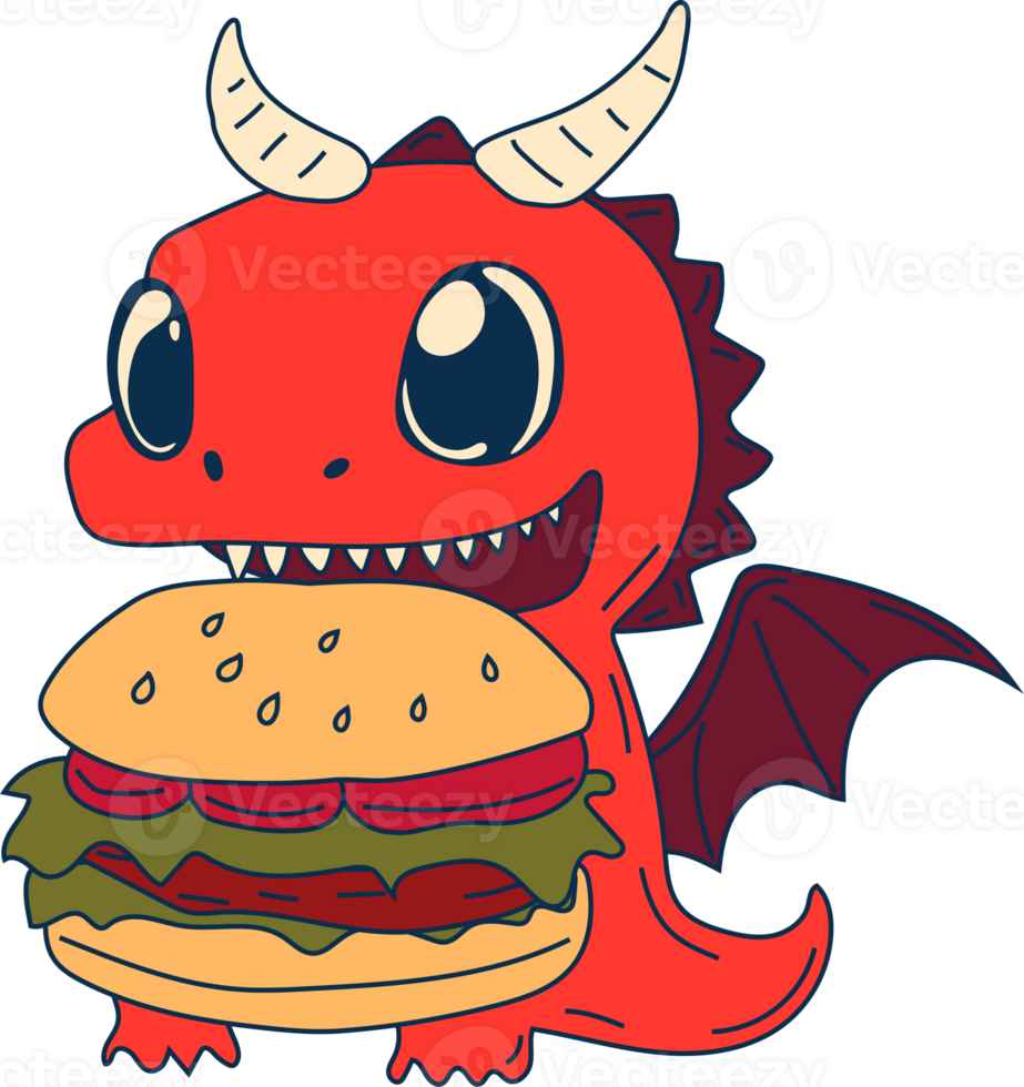 Stock Illustration isolated Emoji character cartoon dragon dinosaur eats a burger sticker emoticon png