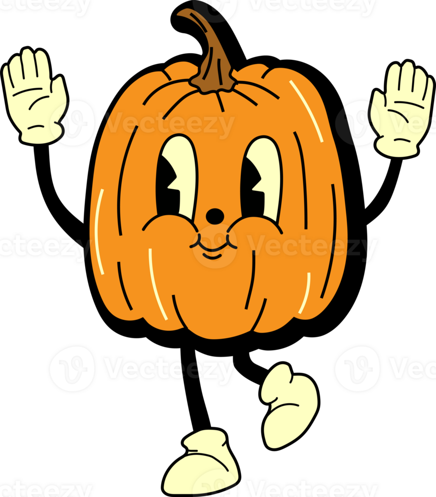 Pumpkin 30s cartoon mascot character 40s, 50s, 60s old animation style. Cartoon cheerful halloween mascot png