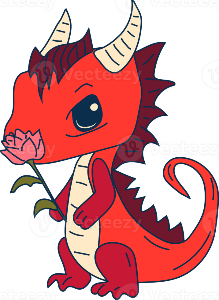 Stock Illustration isolated Emoji character cartoon dragon dinosaur sniffs a flower with a cup sticker emoticon png