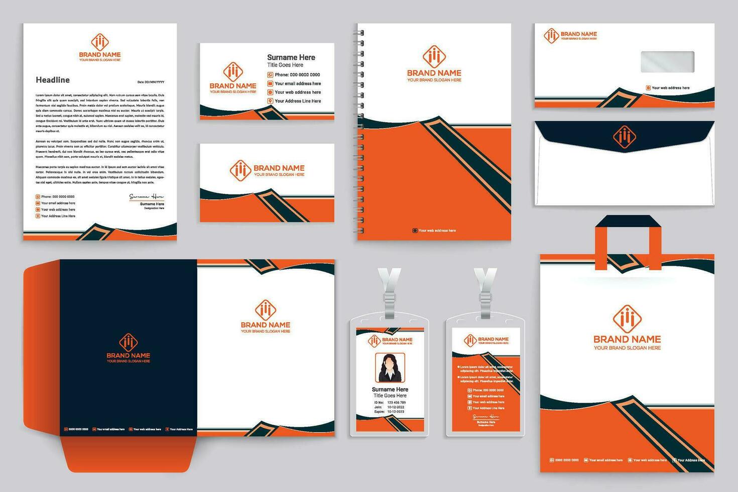 Corporate orange  and black color stationery design vector