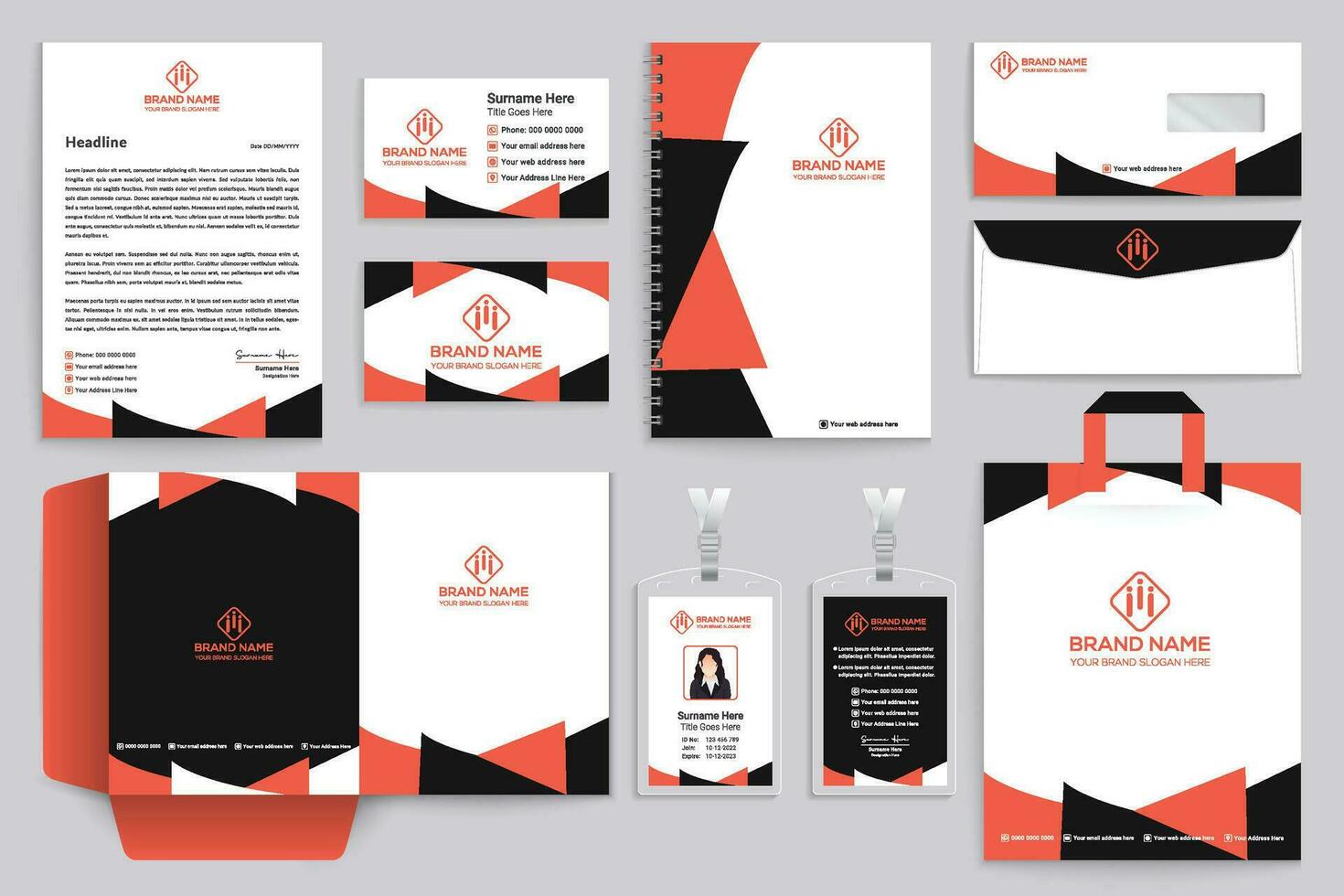 Corporate orange  and black color stationery design vector