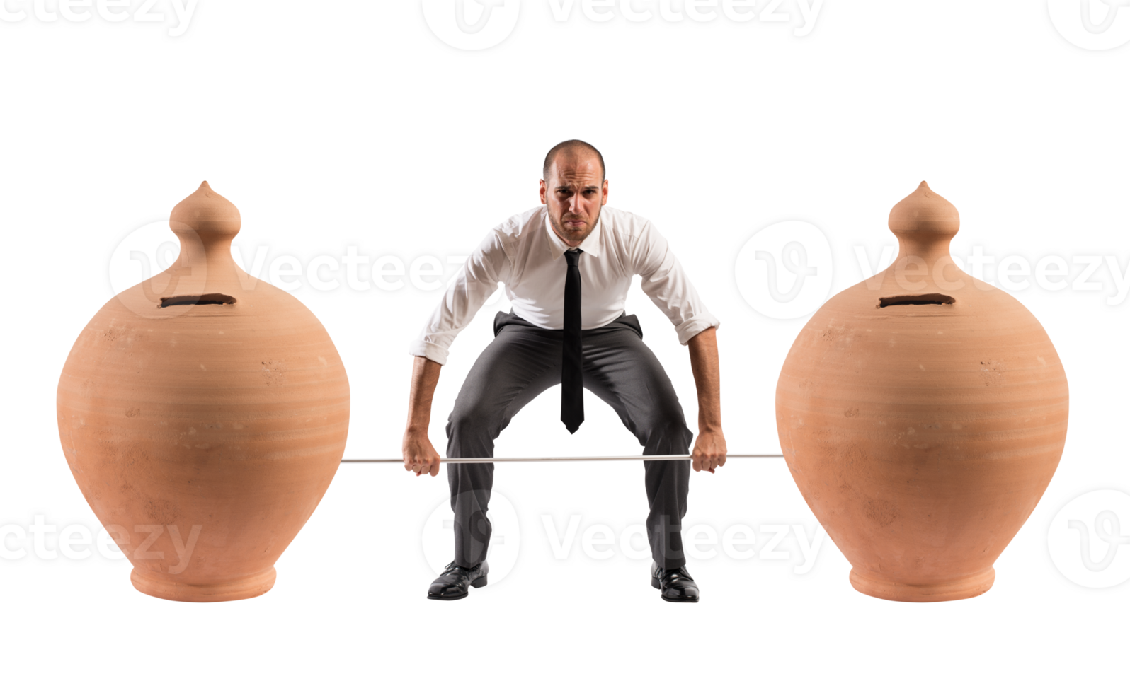 Powerful and determined  businessman trains with a barbell with piggy banks png