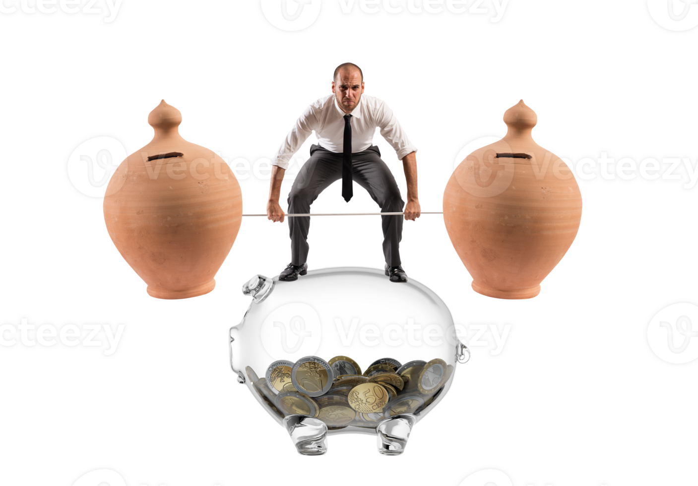 Powerful and determined  businessman trains with a barbell with piggy banks png