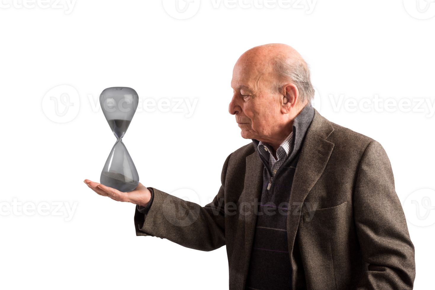 Elderly  man holds an hourglass in hand, concept of passing time png