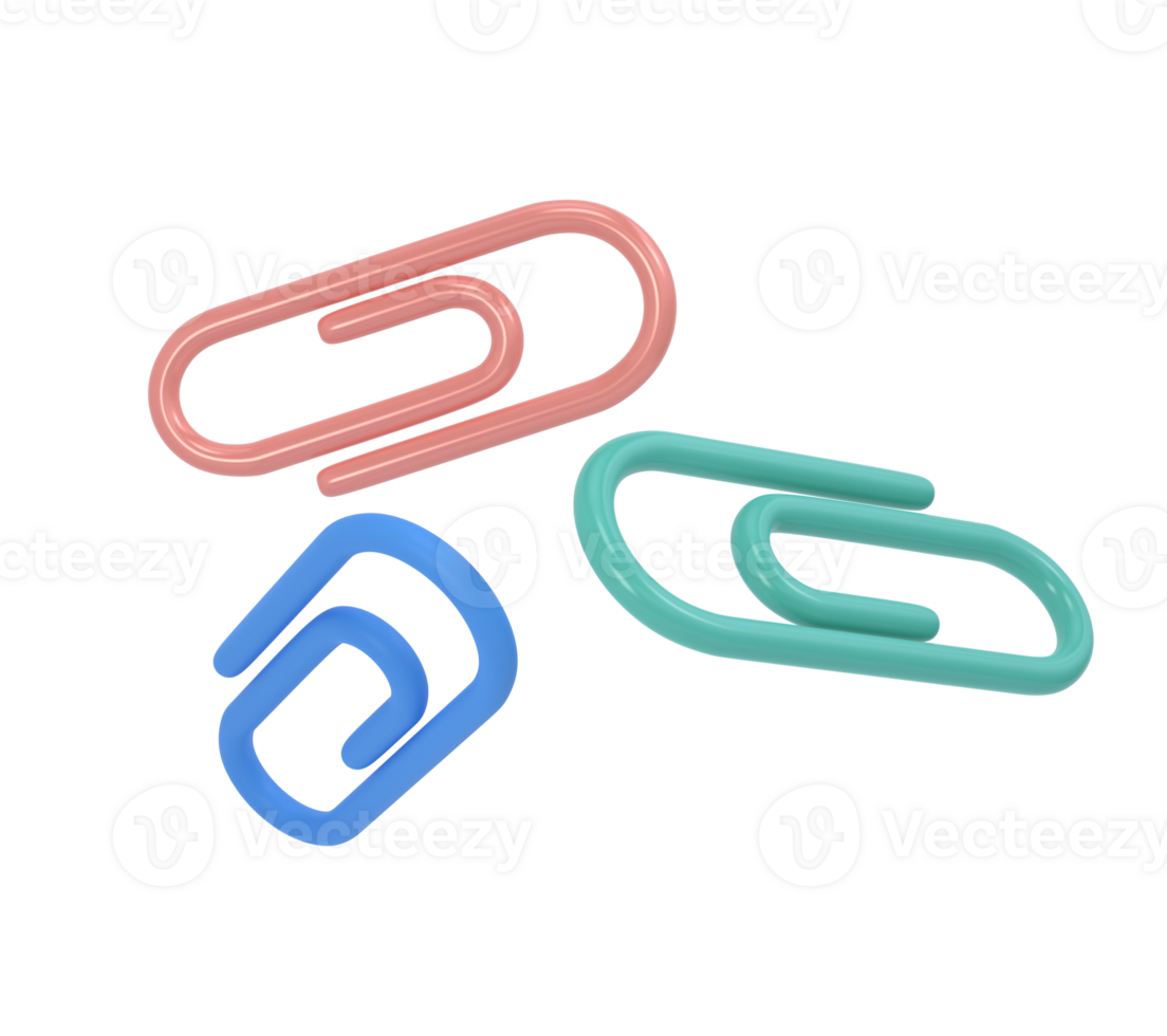 Three clips 3d icon school. Volumetric tool for paper and documents. Blue, pink and green sturdy holder for attaching drawings and sketches. Staple for stationary binder for office with clipping path png