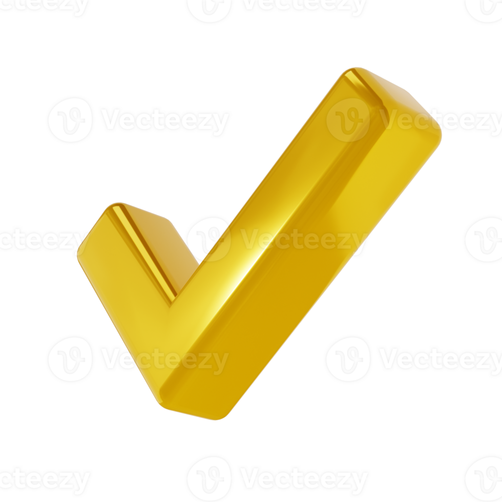 3d golden icon of check mark illustration. gold tick in isometric view. Element with isolated transparent png