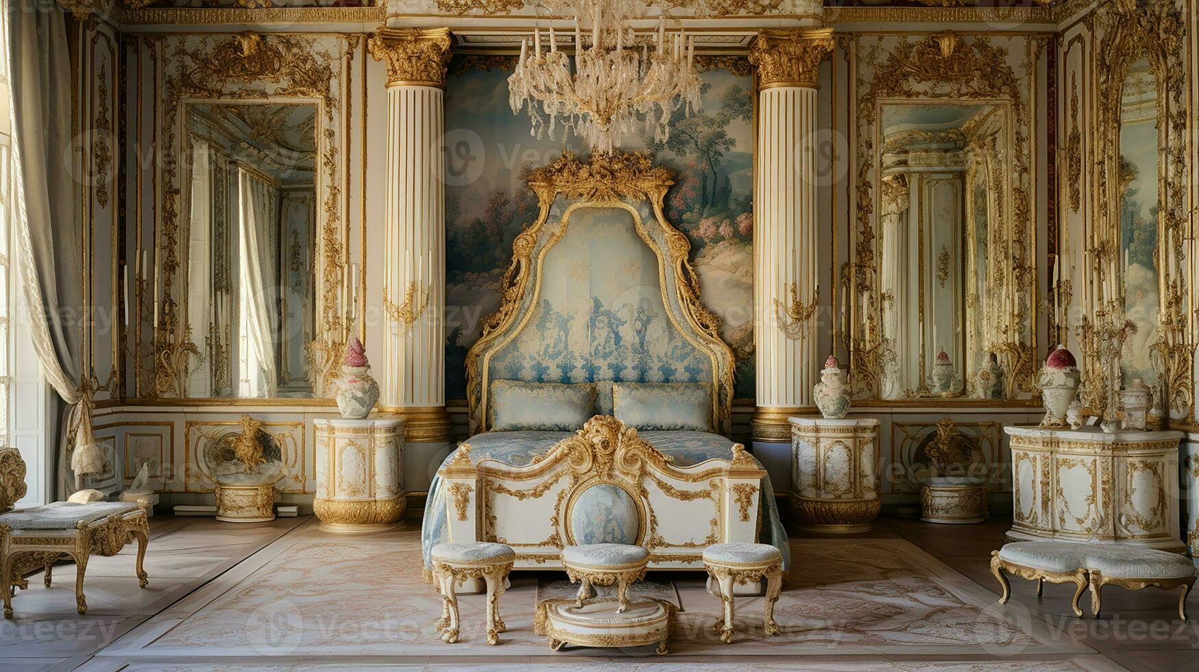 Photo of the bedroom of the Palace of Versaille, France. Generative AI