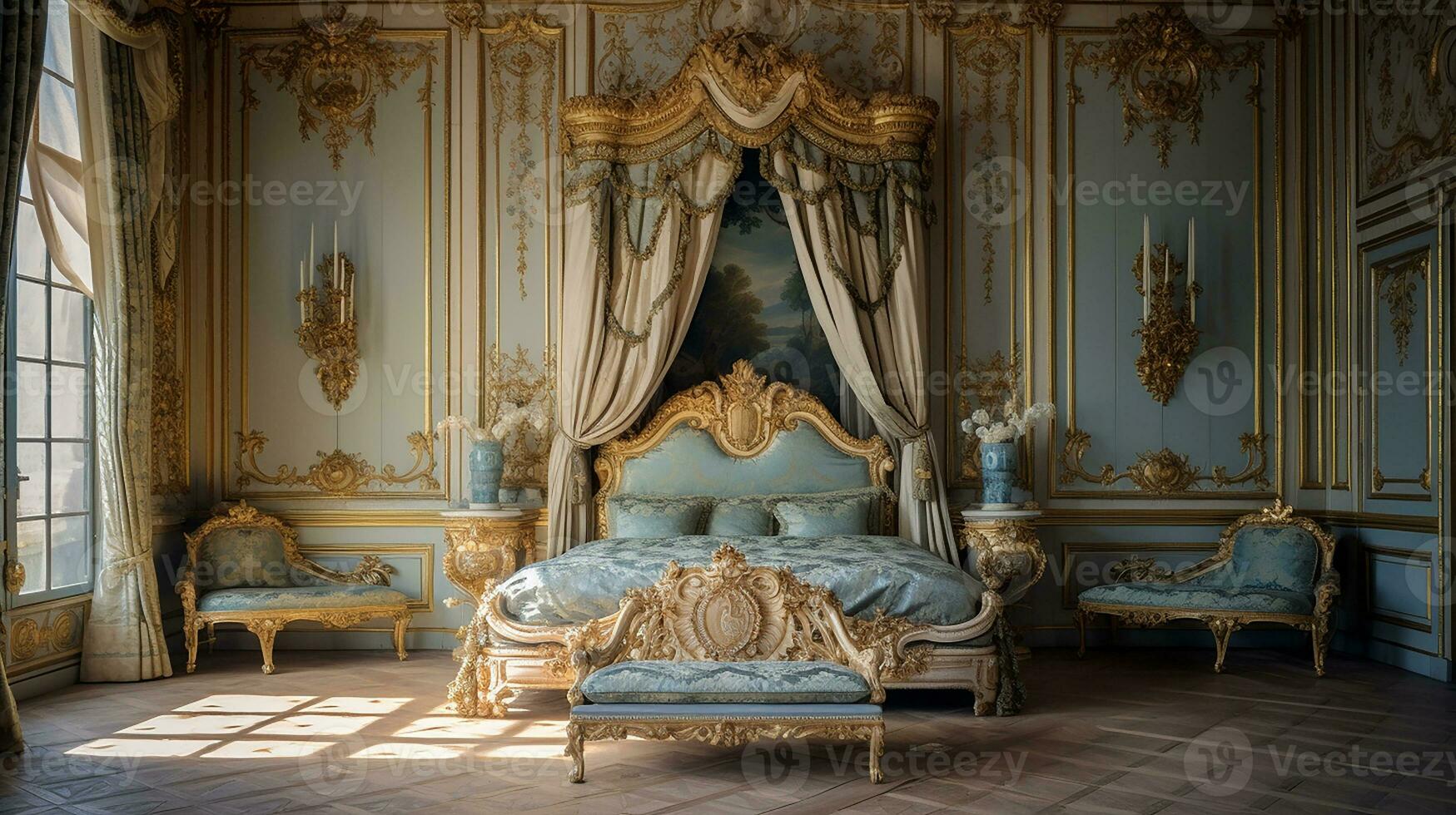 Photo of the bedroom of the Palace of Versaille, France. Generative AI