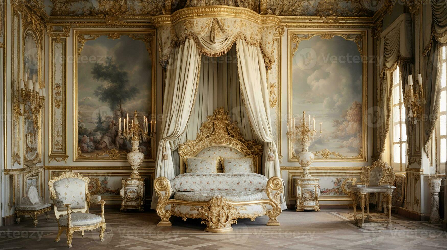 Photo of the bedroom of the Palace of Versaille, France. Generative AI