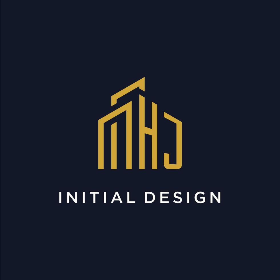 HJ initial monogram with building logo design vector