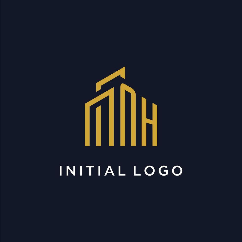 NH initial monogram with building logo design vector