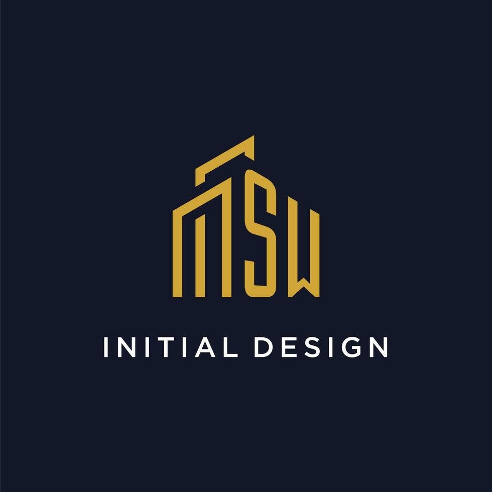 SW initial monogram with building logo design vector
