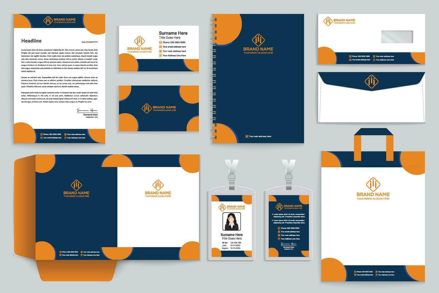 Corporate orange  and black color stationery design vector