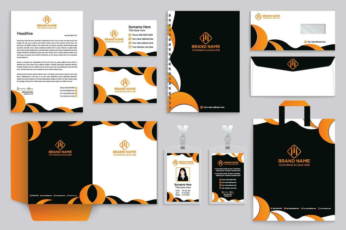 Corporate orange  and black color stationery design vector