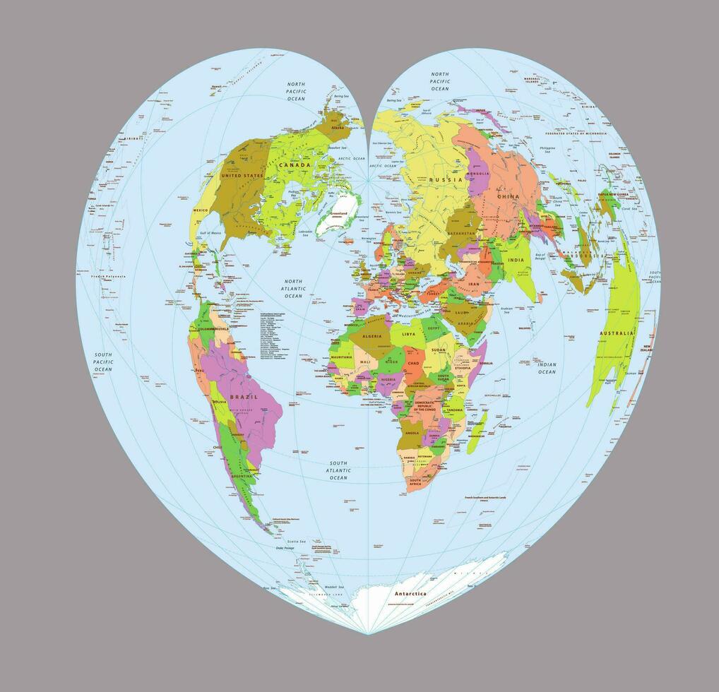 Detailed political world map Bonne projection vector
