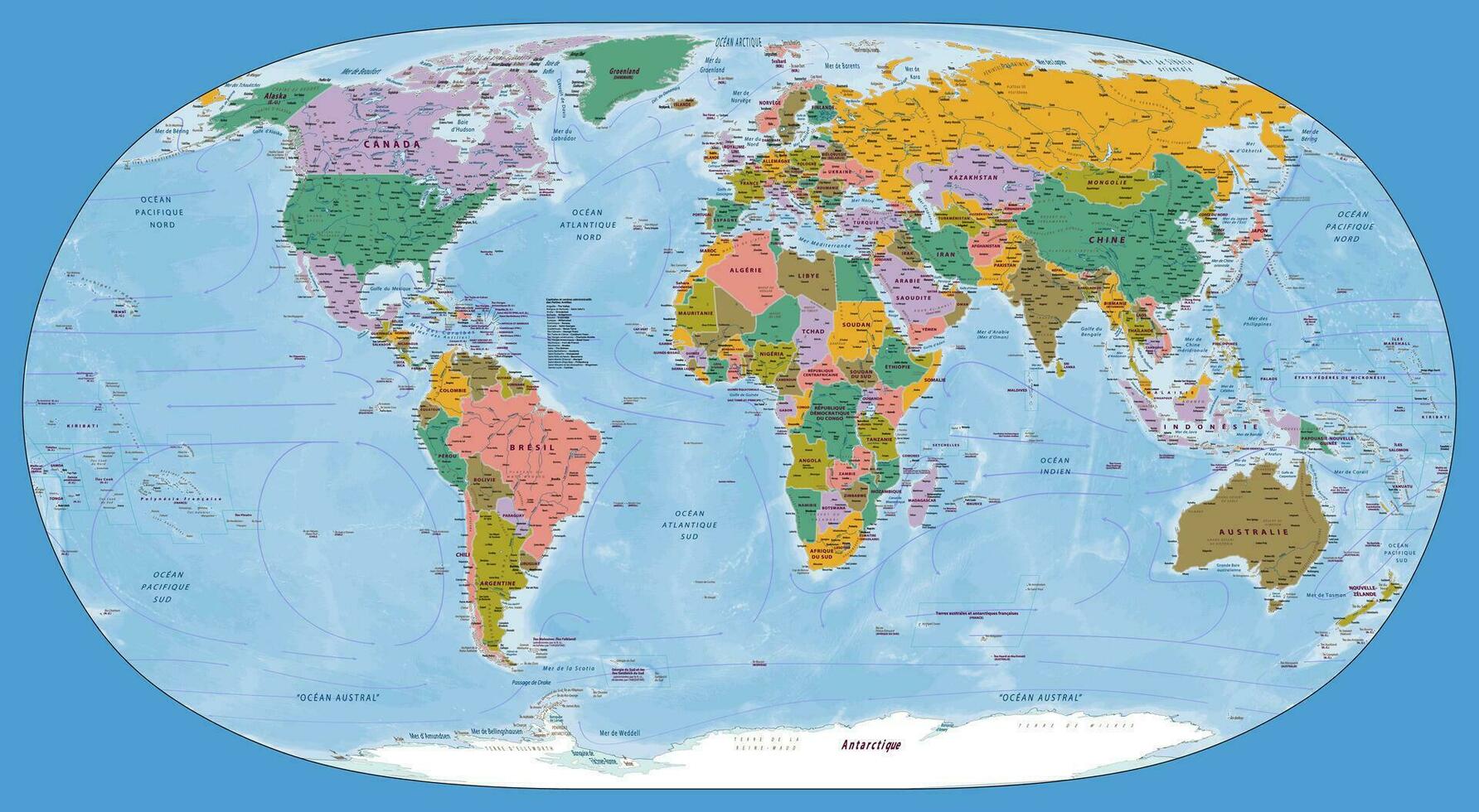 detallado político mundo mapa Español idioma equirrectangular proyección vector
