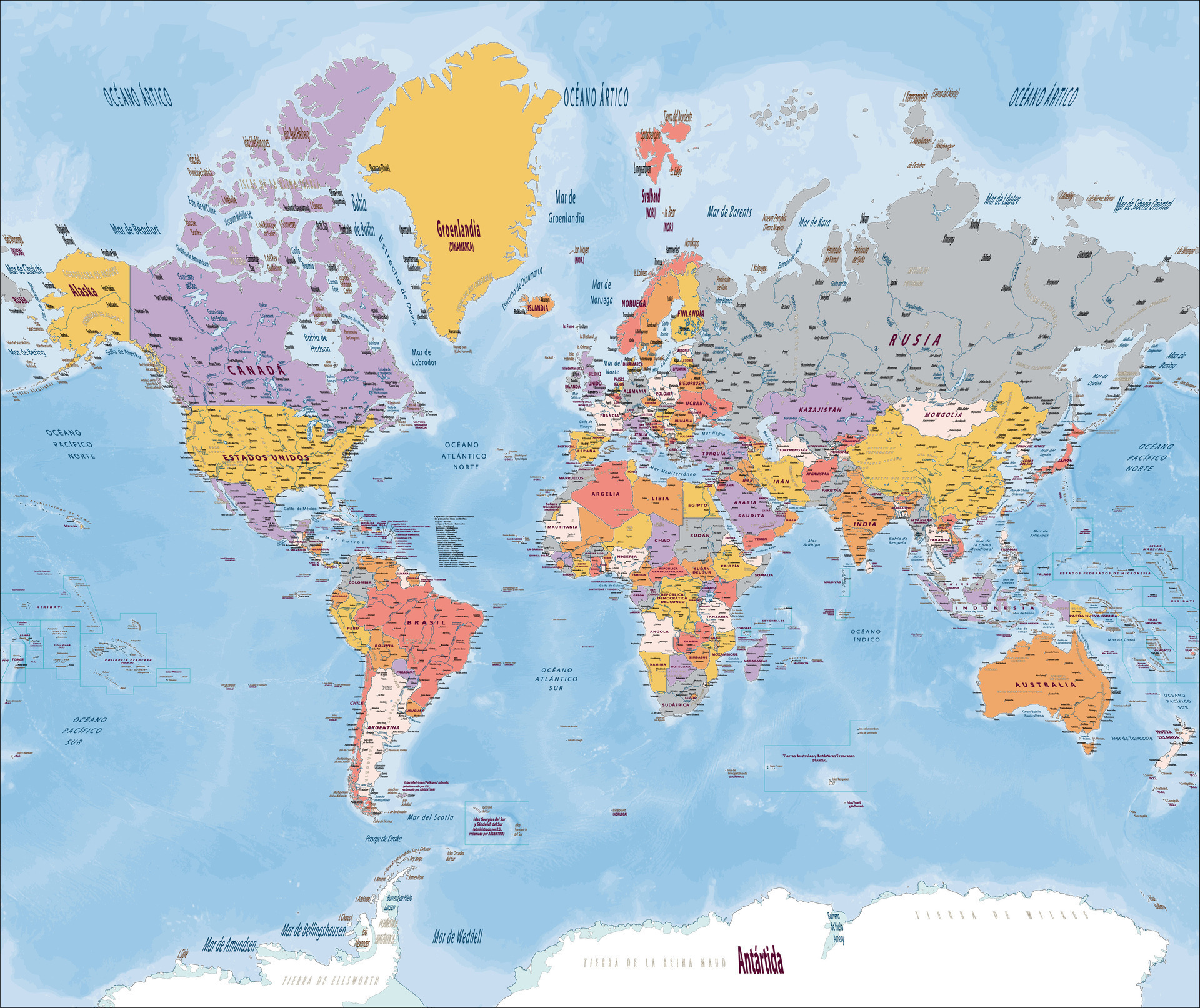 Detailed political world map Spanish language Mercator projection