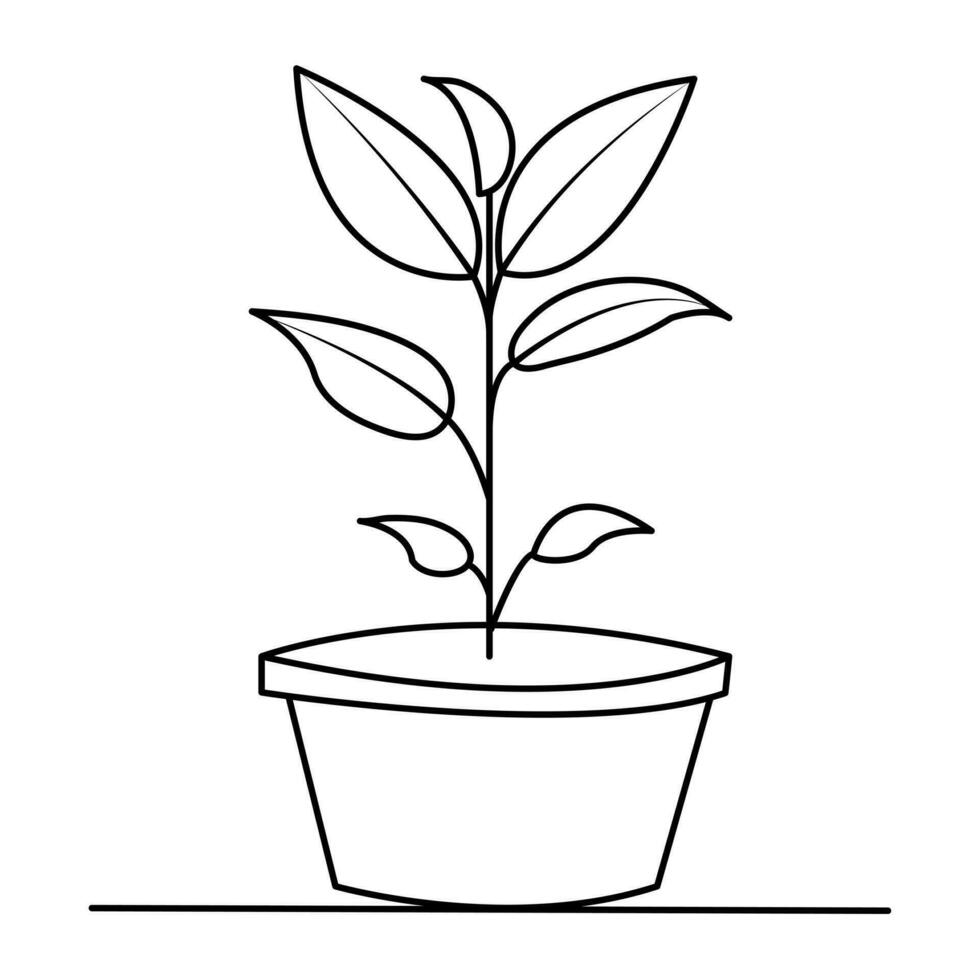 Continuous one line drawing of home plant in a pot tree vector illustration