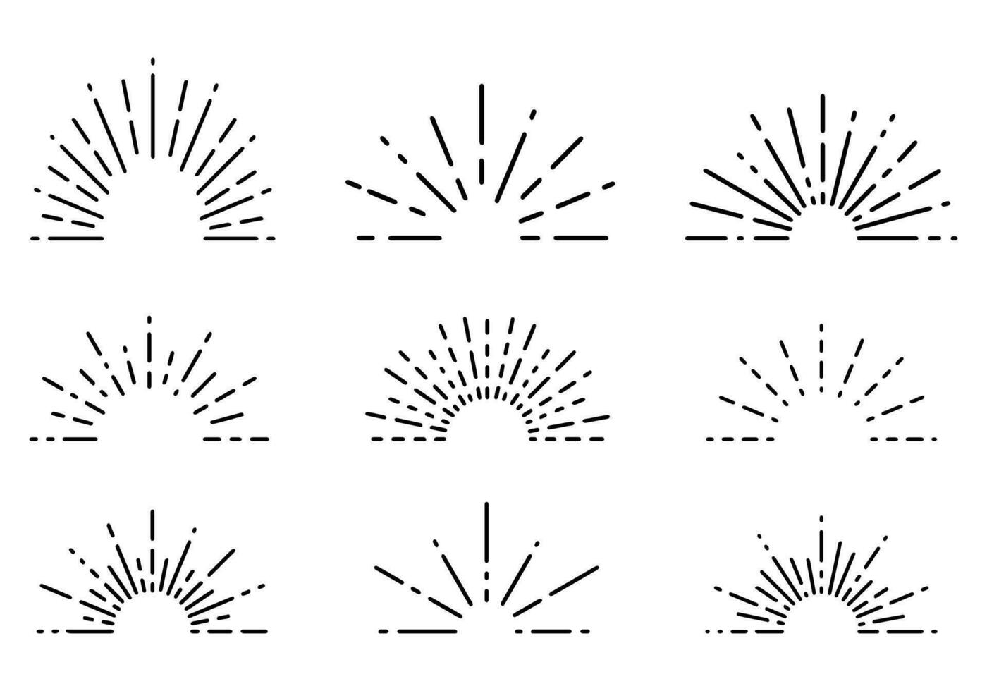 Retro sunburst, sunrise rays, semi circular sunburst, spark firework starburst design set line of light vector illustration.