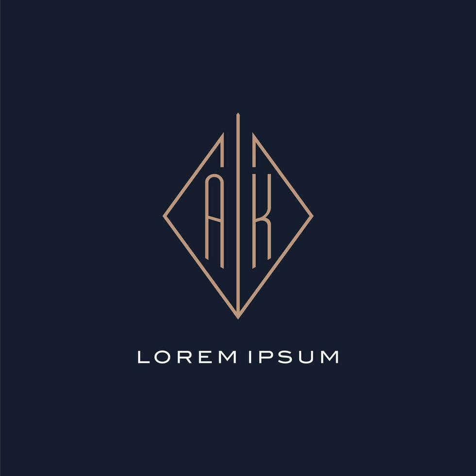 Monogram AK logo with diamond rhombus style, Luxury modern logo design vector