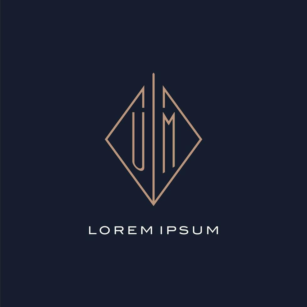 Monogram UM logo with diamond rhombus style, Luxury modern logo design vector