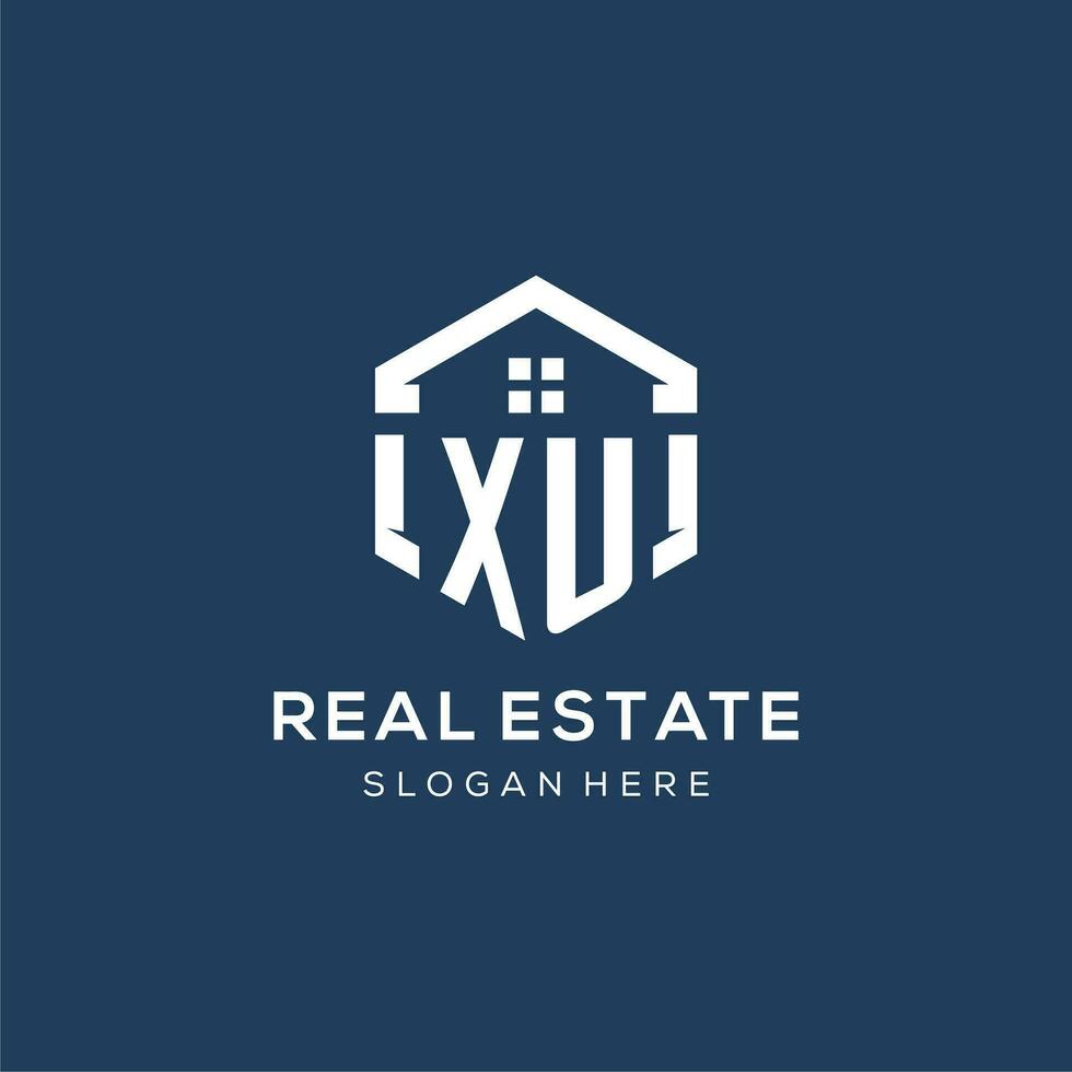 Letter XU logo for real estate with hexagon style vector