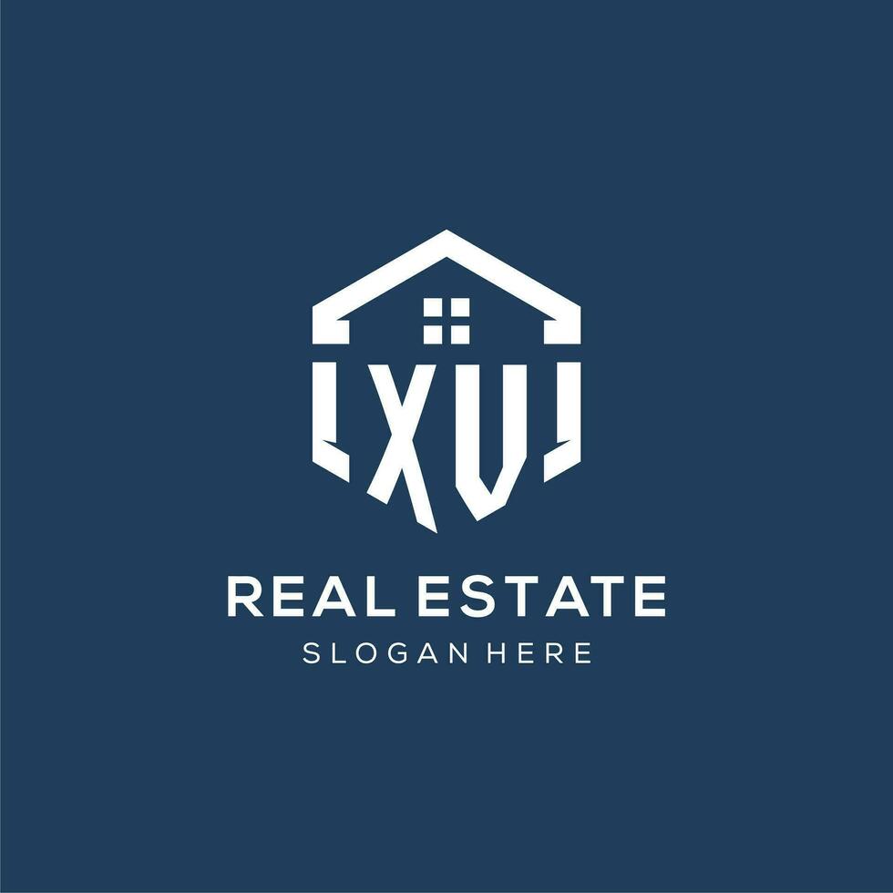 Letter XV logo for real estate with hexagon style vector