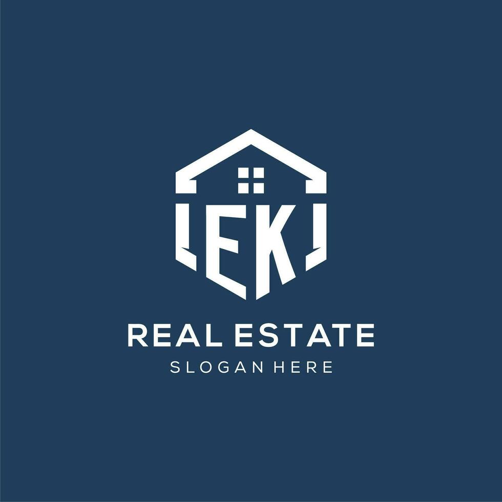 Letter EK logo for real estate with hexagon style vector
