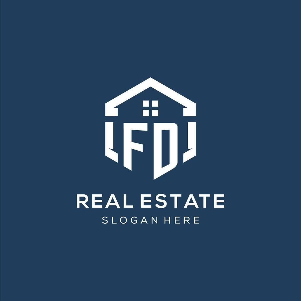 Letter FD logo for real estate with hexagon style vector