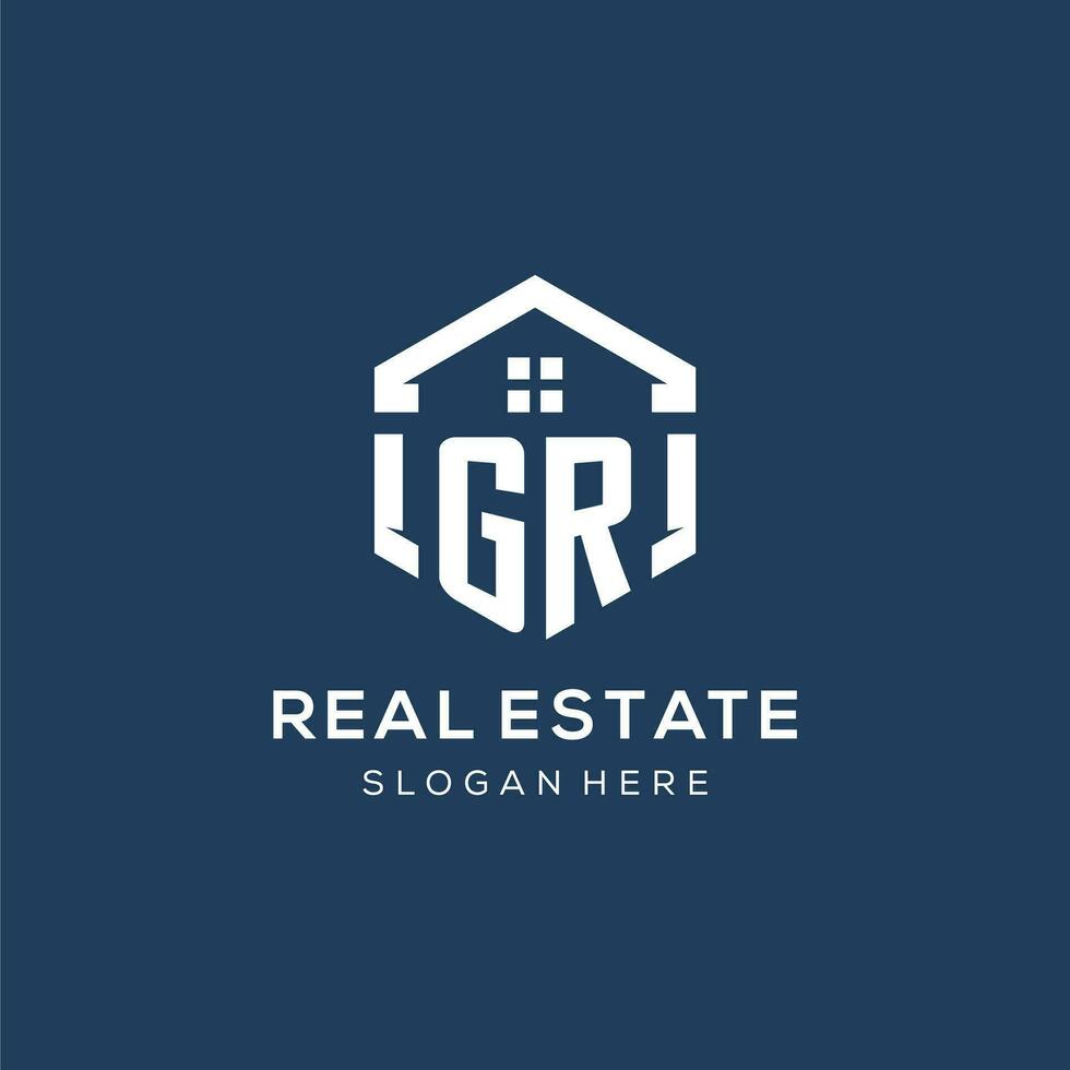 Letter GR logo for real estate with hexagon style vector